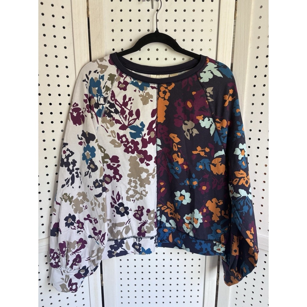 Anthropologie Maeve Multicolor Floral Split Print Sweatshirt Size Lg Balloon SLV